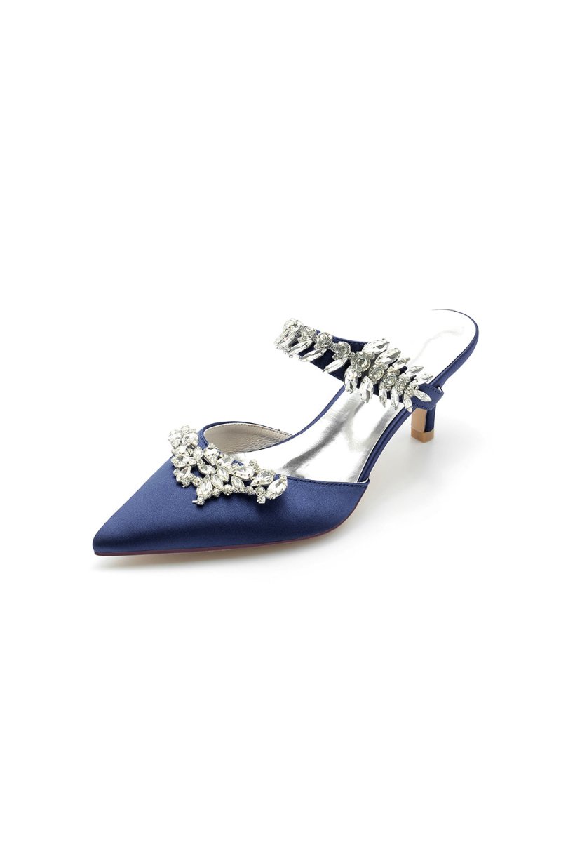 Satin Pointed Toe Mules with Crystal Rhinestone - KissProm