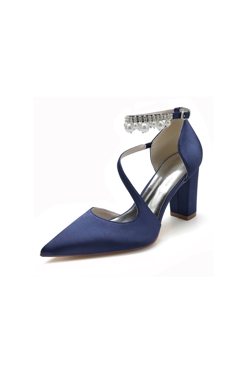 White Satin Heels with Cross - Strap Design and Pearl - Accented Buckle - KissProm