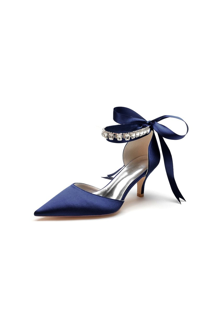 Pointed Toe Ribbons Kitten Heels With Diamond - KissProm
