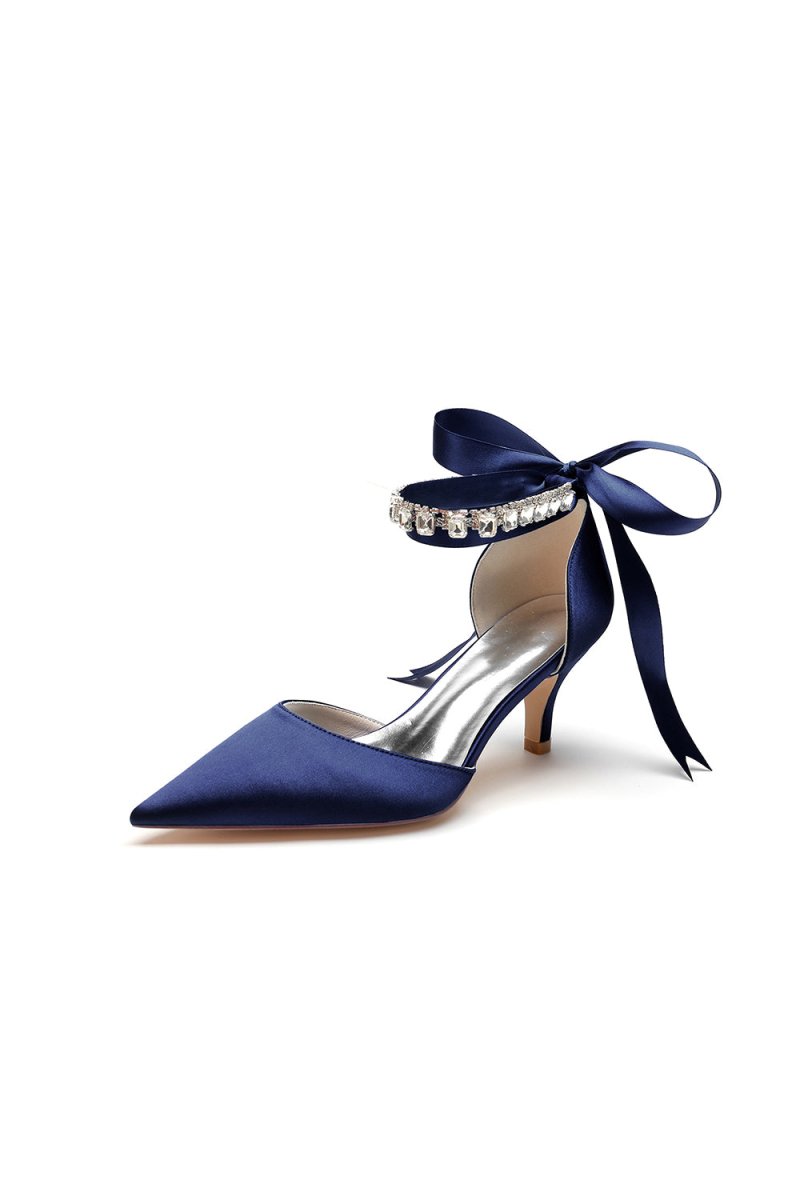 Pointed Toe Ribbons Kitten Heels With Diamond - KissProm