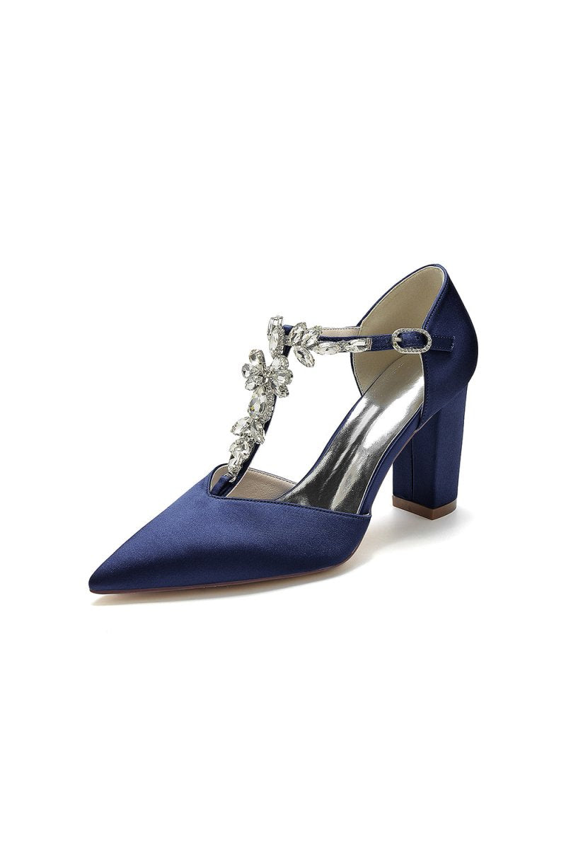 Chic Rhinestone Pointed Toe Ankle Strap Buckle Chunky Heel - KissProm