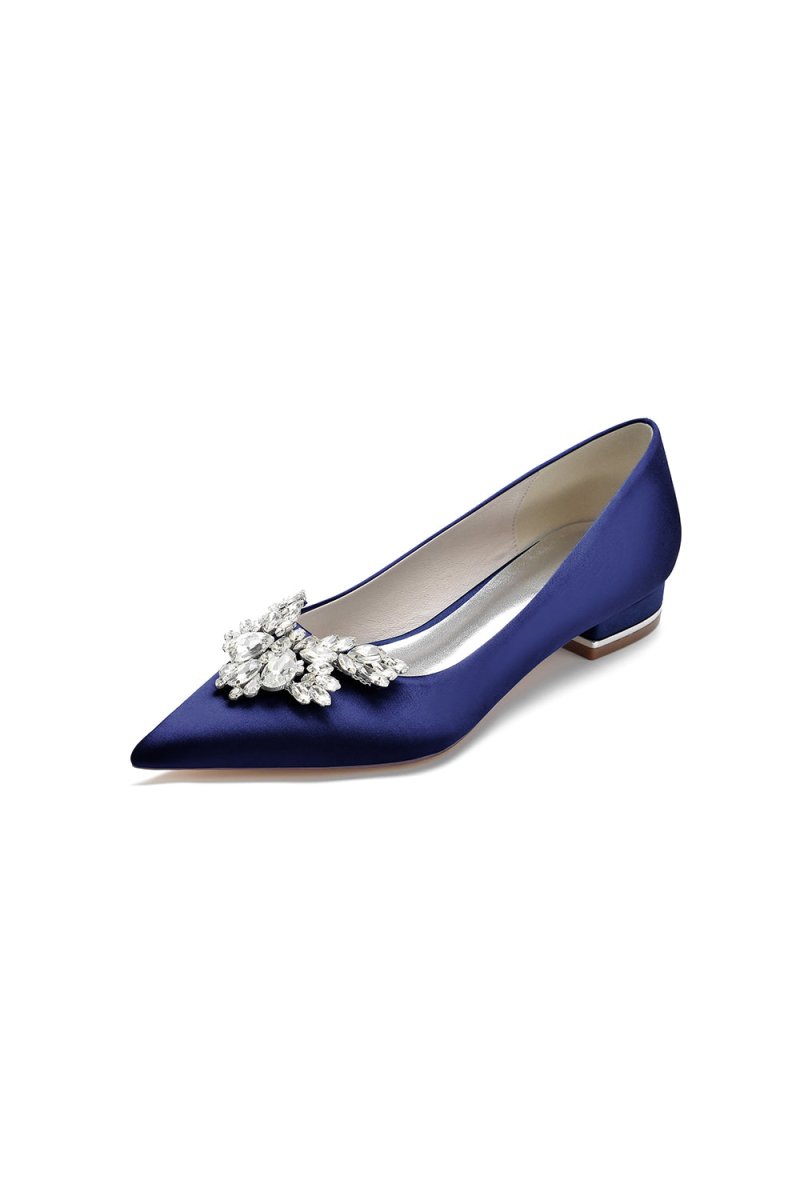 Satin Pointed Toe Rhinestone Kitten Heels - KissProm