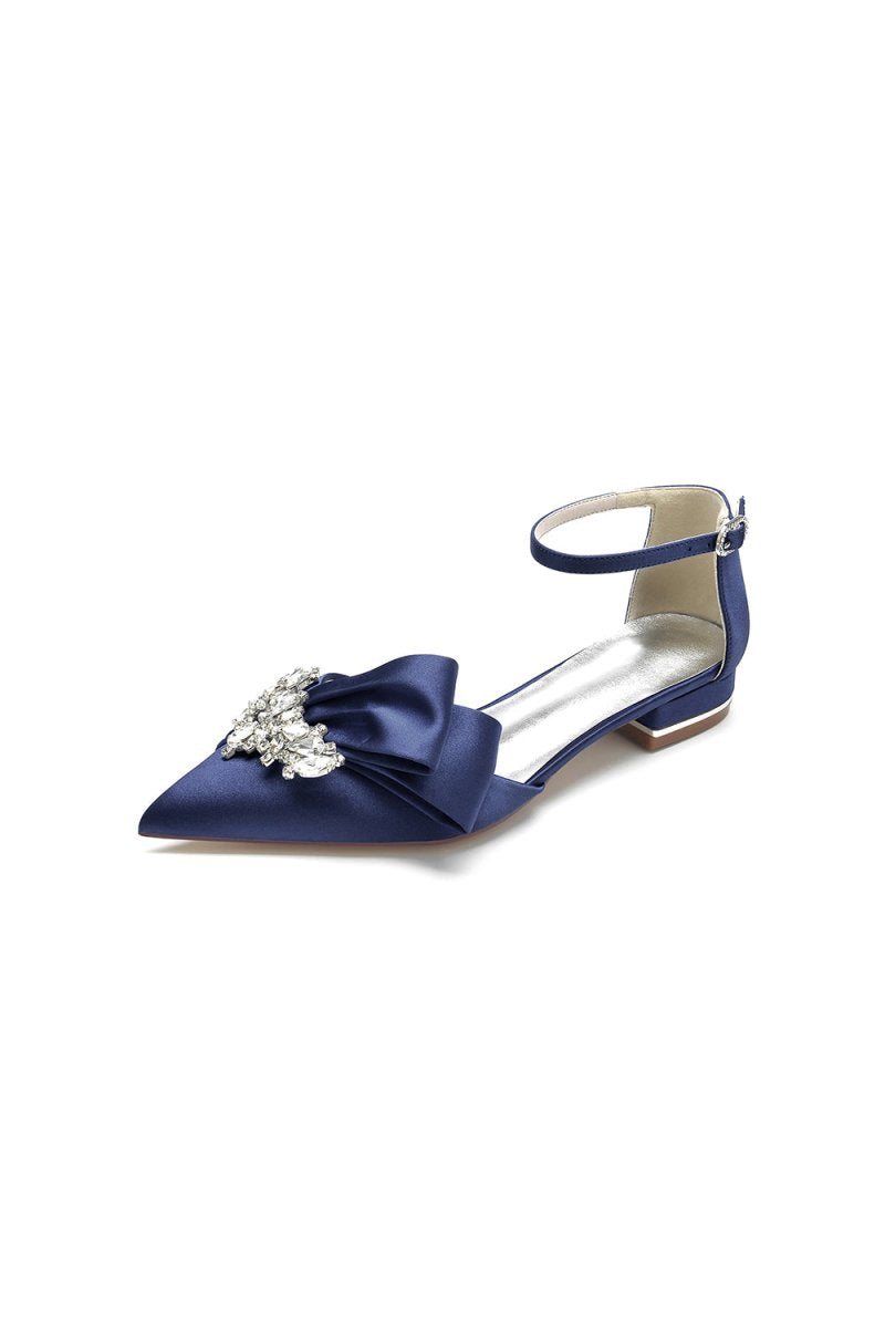 Satin Beaded Pointed Toe Ankle Strap Buckle Kitten Heels - KissProm