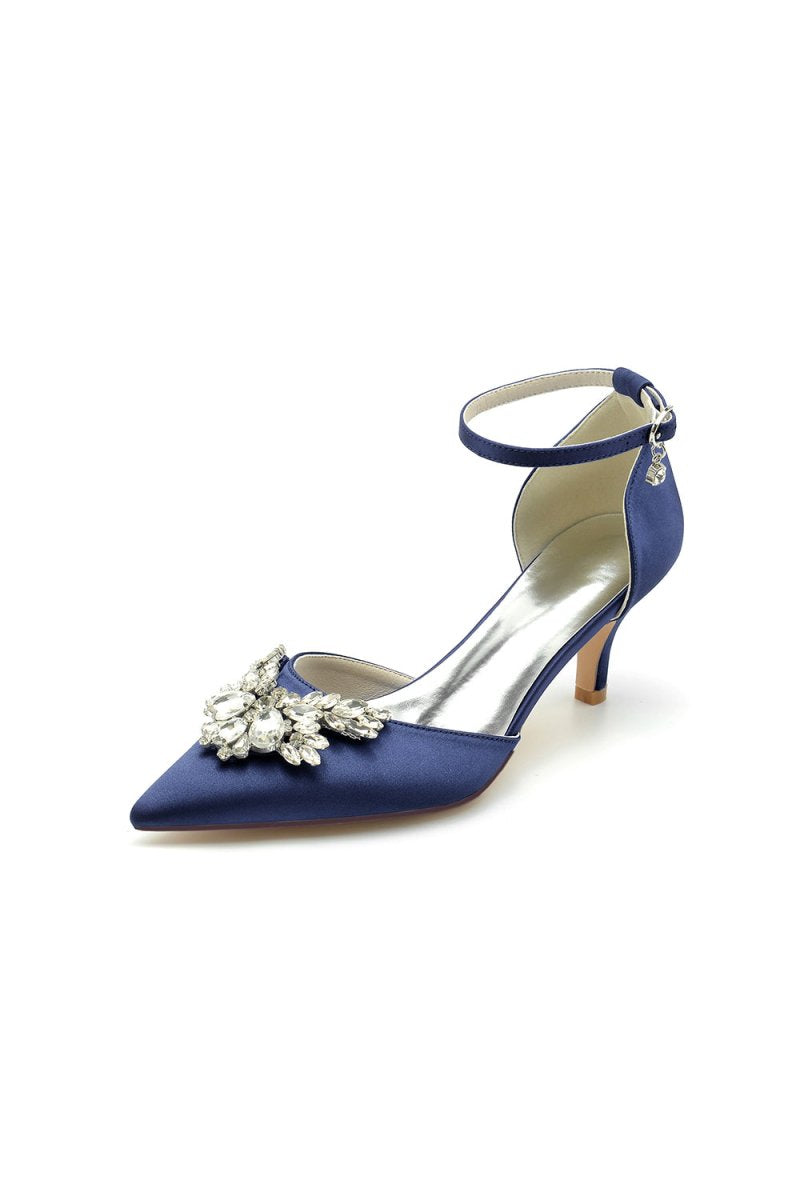 Pointed Toe Satin Kitten Heels With Rhinestone - KissProm