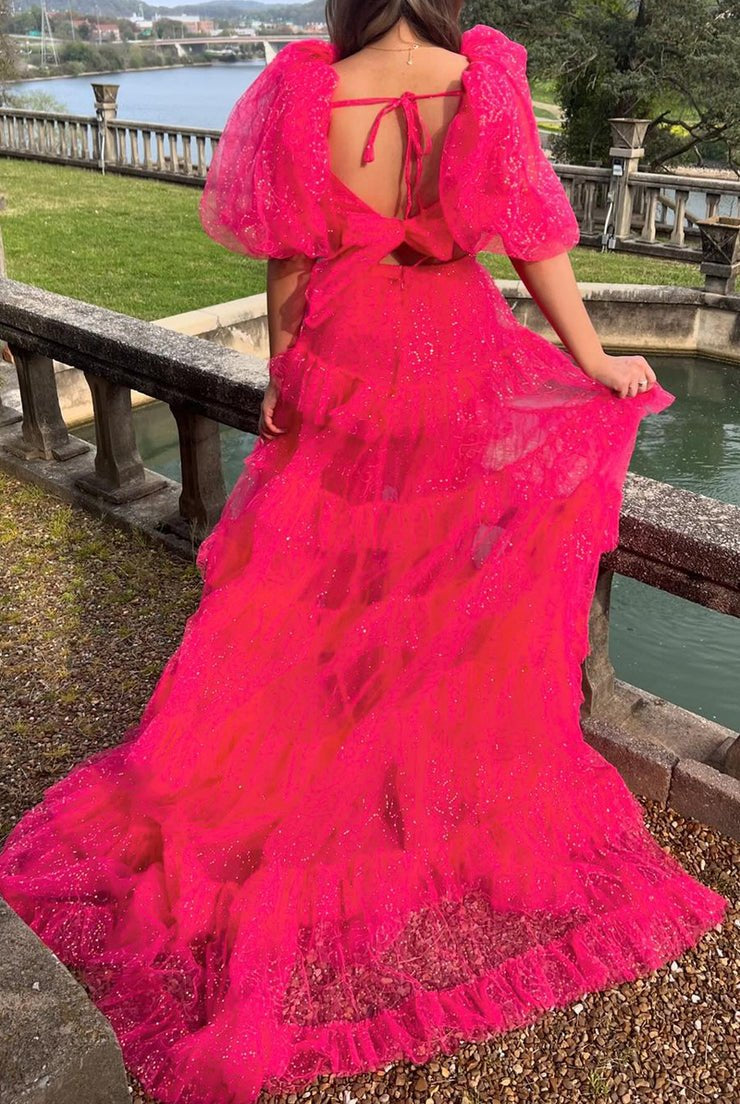 Two-Piece Puff Sleeve Ruffle Glitter Tulle Prom Dress with Slit