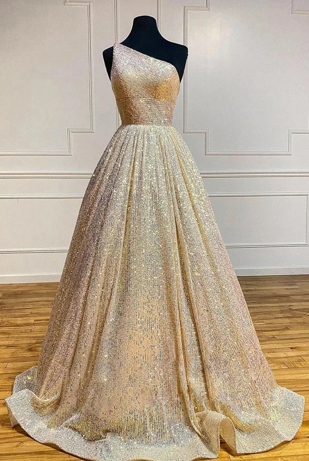 Charlee |A-Line One Shoulder Sequins Prom Dress with Pockets