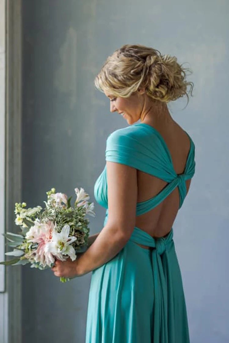 A Line Halter Neck Jersey Bridesmaid Dress With Half Sleeves And Straps Back - KissProm