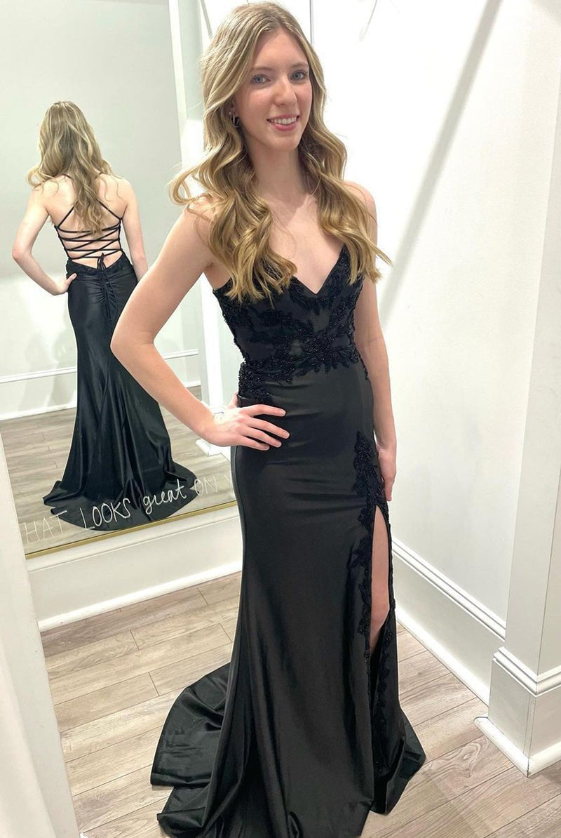 Black V Neck Satin Mermaid Long Prom Dresses with Slit