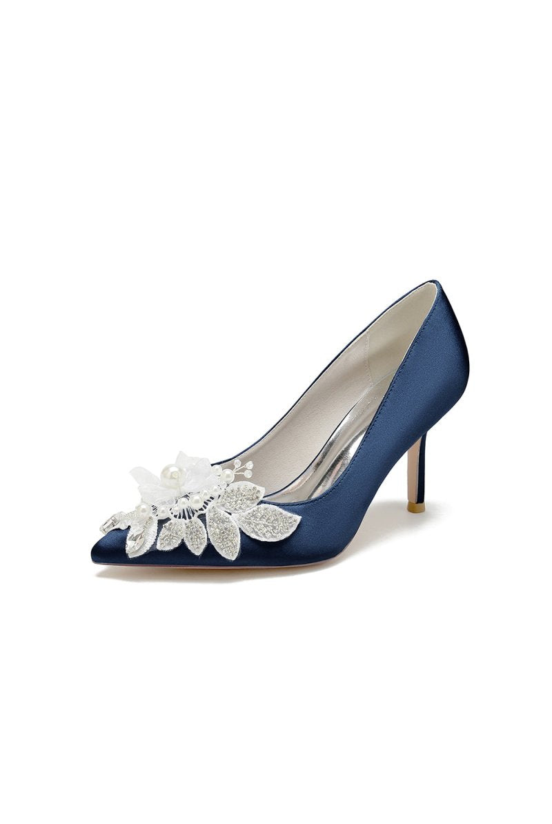 Pointed Toe Satin Bridal Heels with Crystal Flower - KissProm
