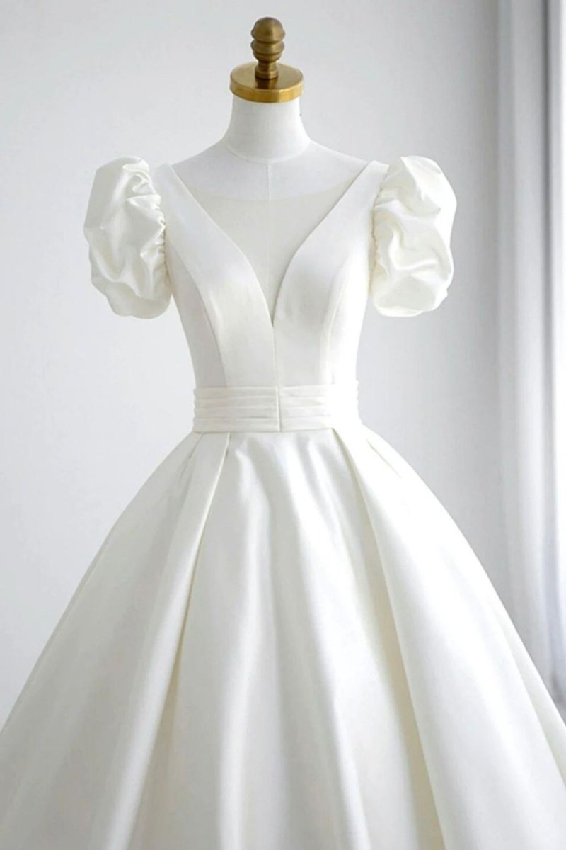 Elegant A Line V Neck White Wedding Dress with Short Sleeves - KissProm