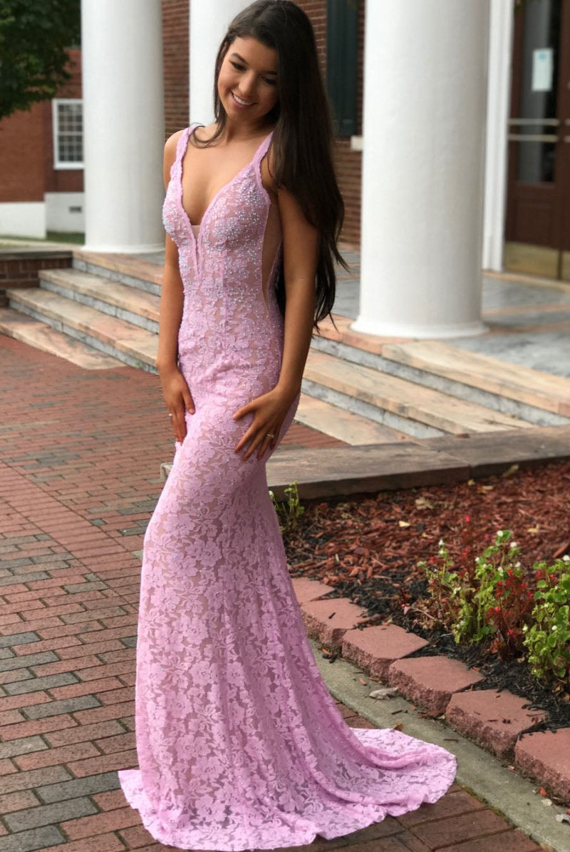 Luisa | Elegant Mermaid V-Neck Pink Lace Prom Dress
