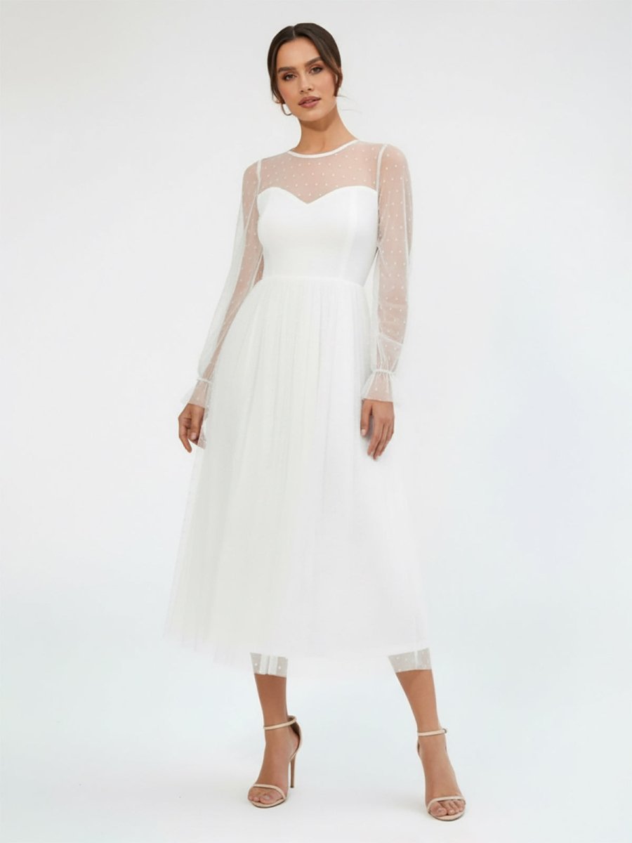 Elegant A-Line Long Sleeve Tea Length Wedding Dresses Elegant A-Line Long Sleeve Tea Length Wedding Dresses