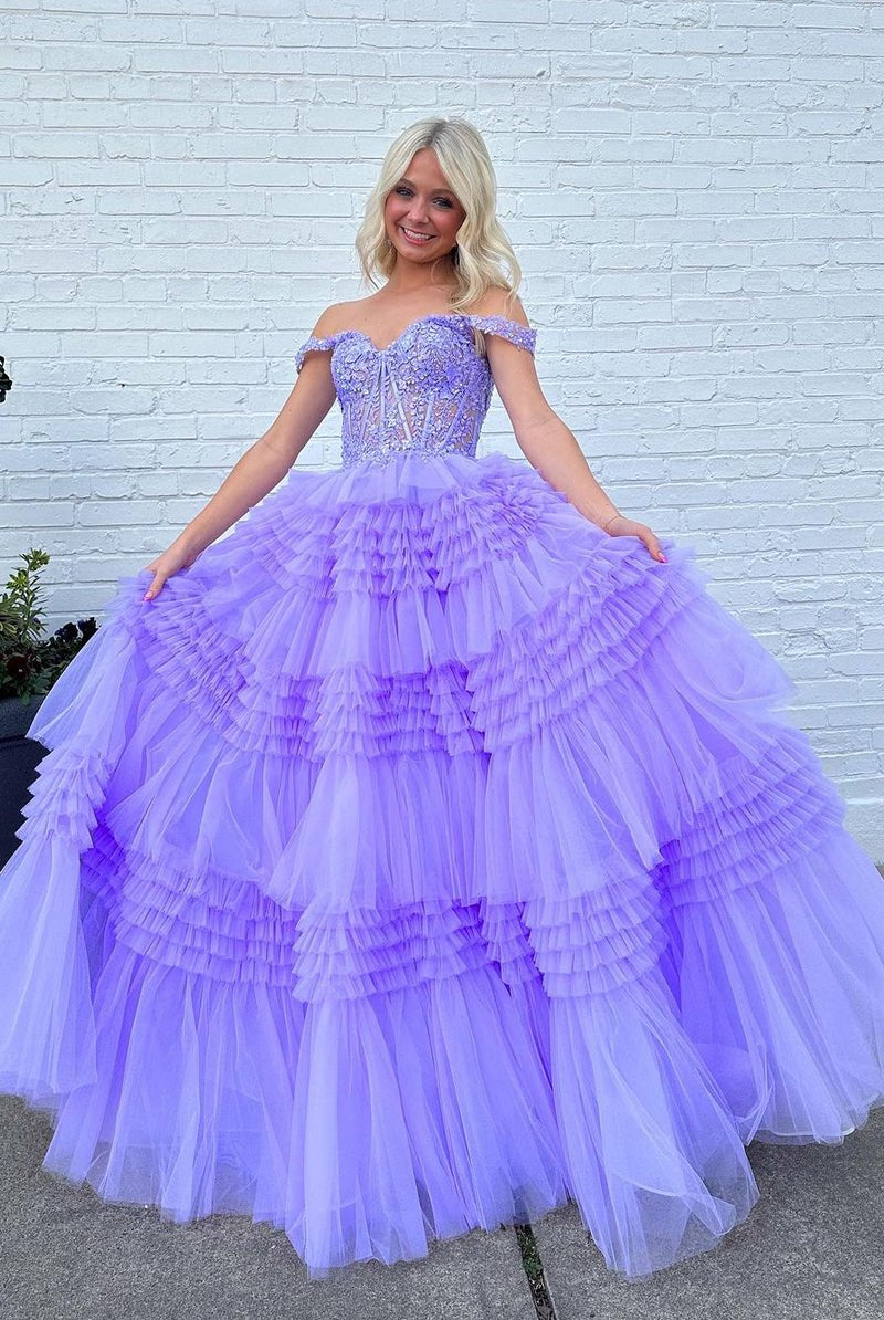 Elina | Red Tulle Off-the-Shoulder Ruffle Tiered Long Prom Dress