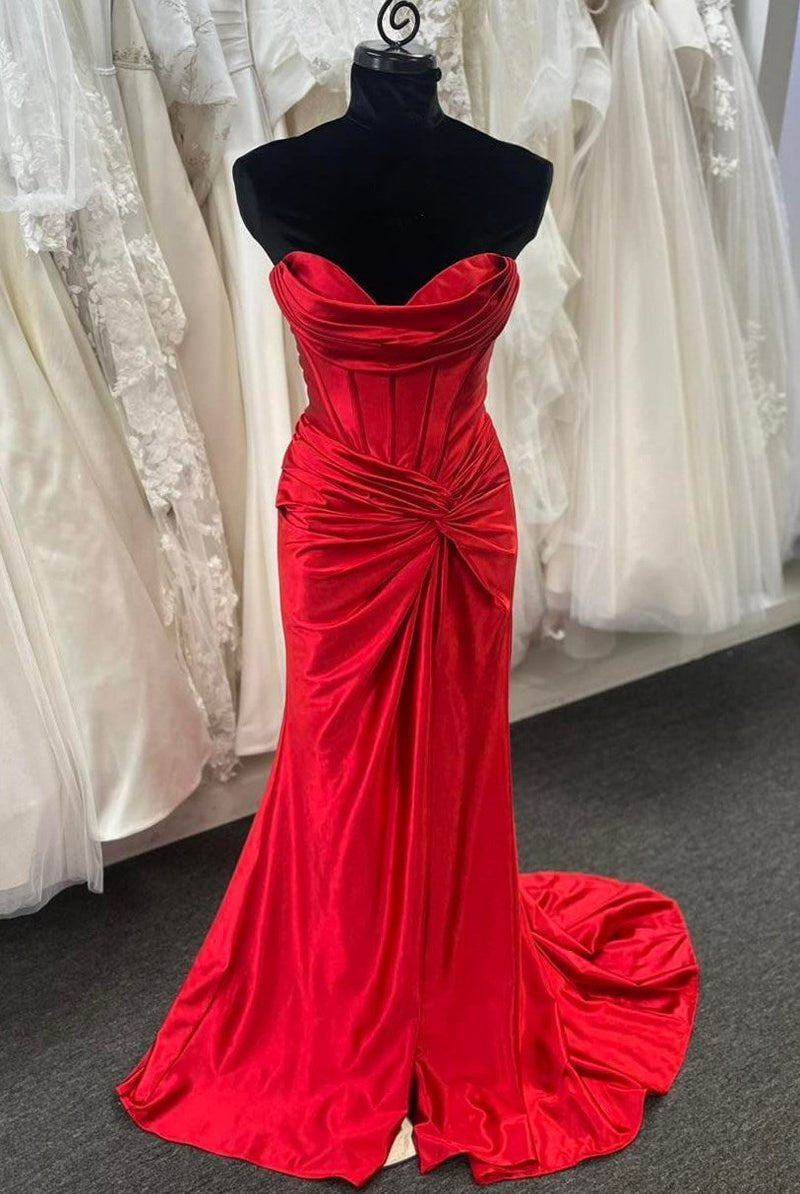 Nadia |Mermaid Strapless Satin Long Prom Dress With Slit