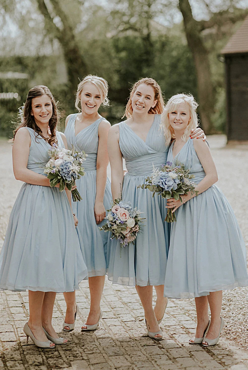 Dusty Blue A - Line Mid - Calf Ruched Chiffon Bridesmaid Dress - KissProm