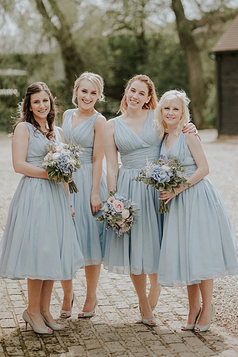 Dusty Blue A - Line Mid - Calf Ruched Chiffon Bridesmaid Dress - KissProm