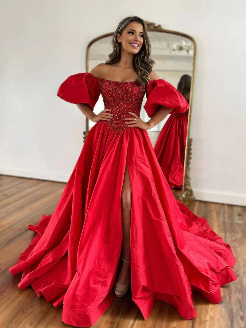 A-Line Off The Shoulder Taffeta Prom Dress with Short Puffy Sleeves, Red / 16 A-Line Off The Shoulder Taffeta Prom Dress with Short Puffy Sleeves, Red / 16