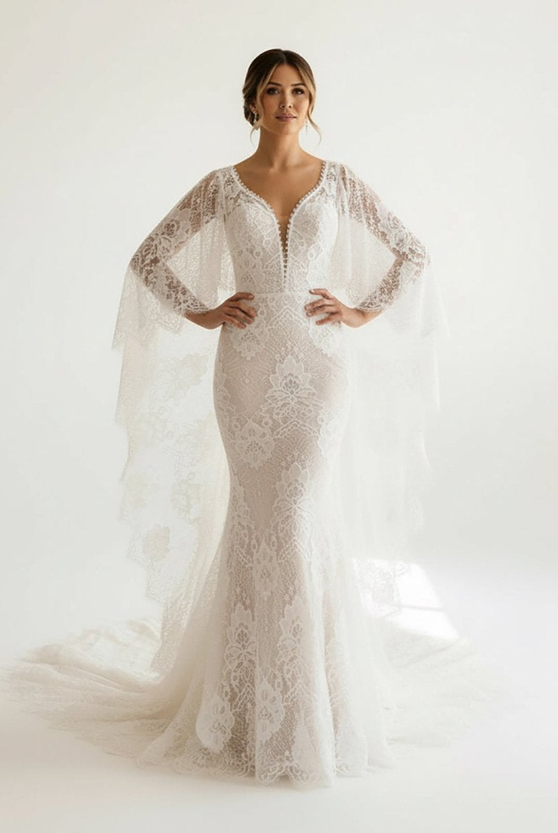 Anais | Ivory Long Sleeve Cape Lace Mermaid Wedding Dress with Appliques - KissProm