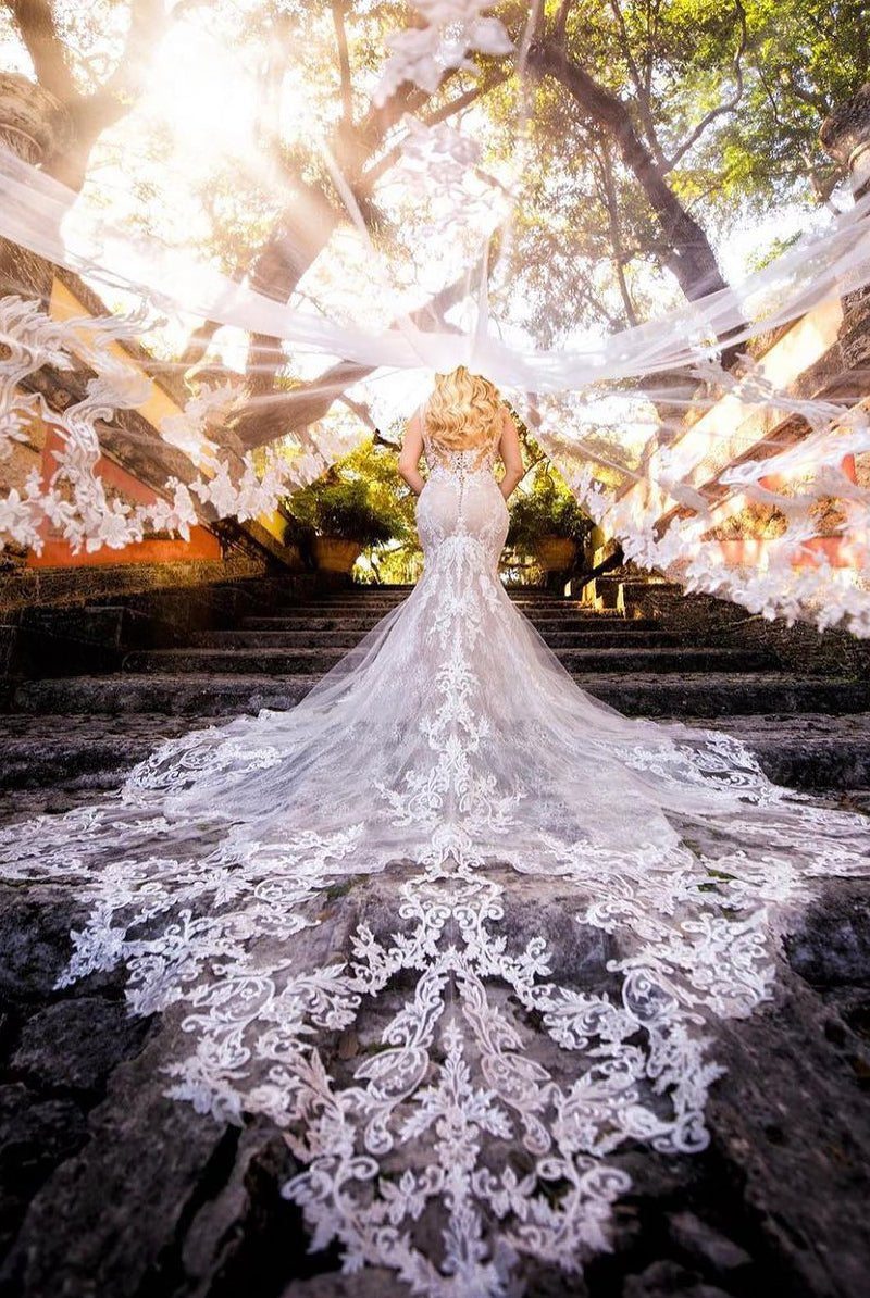 Mermaid V Neck Tulle Wedding Dresses with Train - KissProm