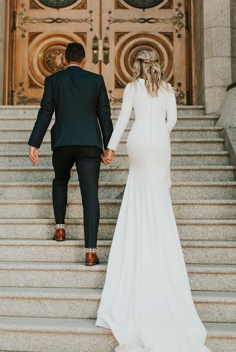 Jessamy | Modest Long Sleeve Satin Wedding Dress With Sweep Train