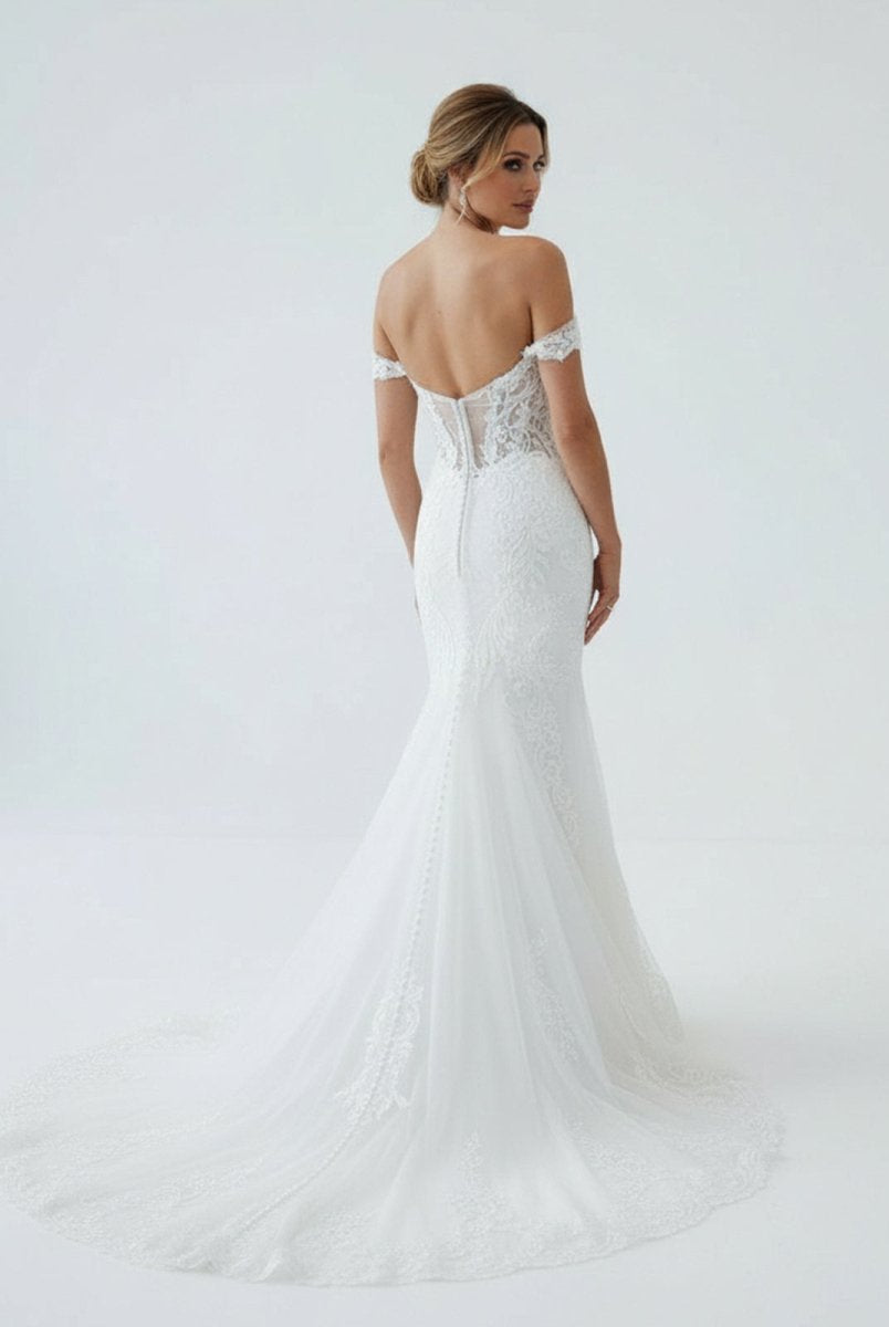 Jream | White Long Tulle Mermaid Wedding Dress with Lace Appliques - KissProm