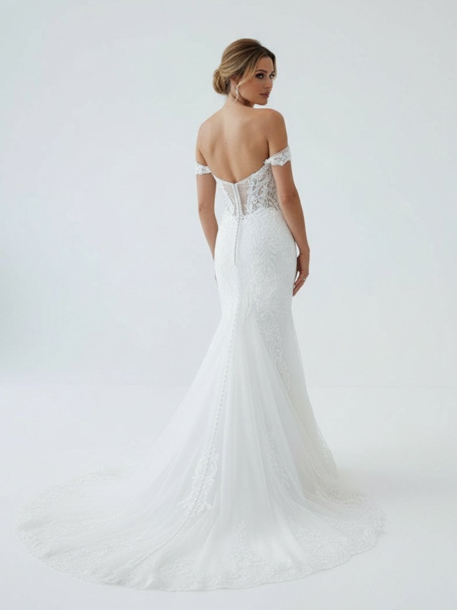 Jream | White Long Tulle Mermaid Wedding Dress with Lace Appliques - KissProm