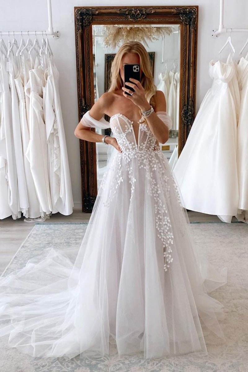 A - Line Sweetheart Tulle Appliques Wedding Dresses - KissProm