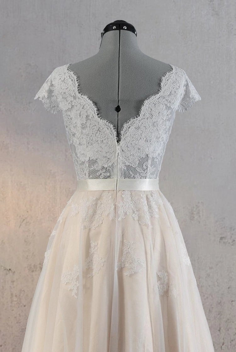 Cap Sleeve V-Neck Lace Wedding Dress With Tulle Skirt and V-Back