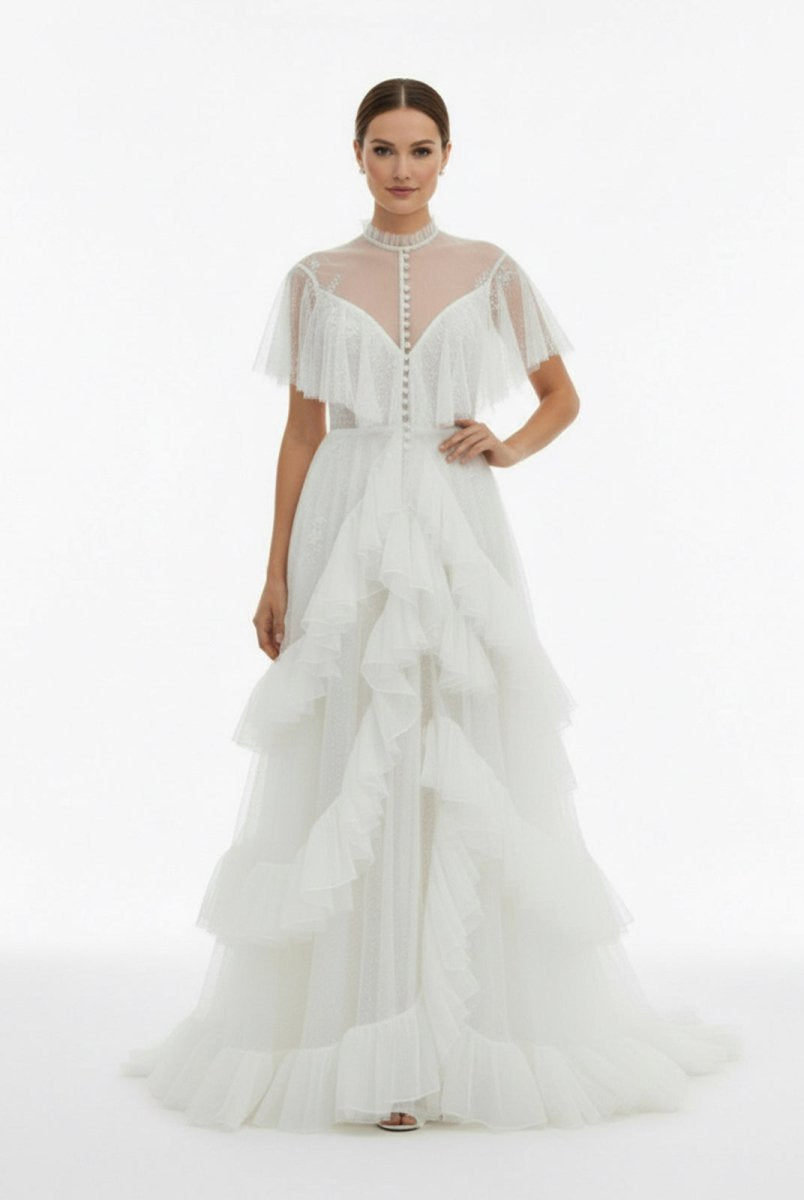 High Split A - Line See - through Short Sleeves Ruffle Tulle Wedding Dresses - KissProm