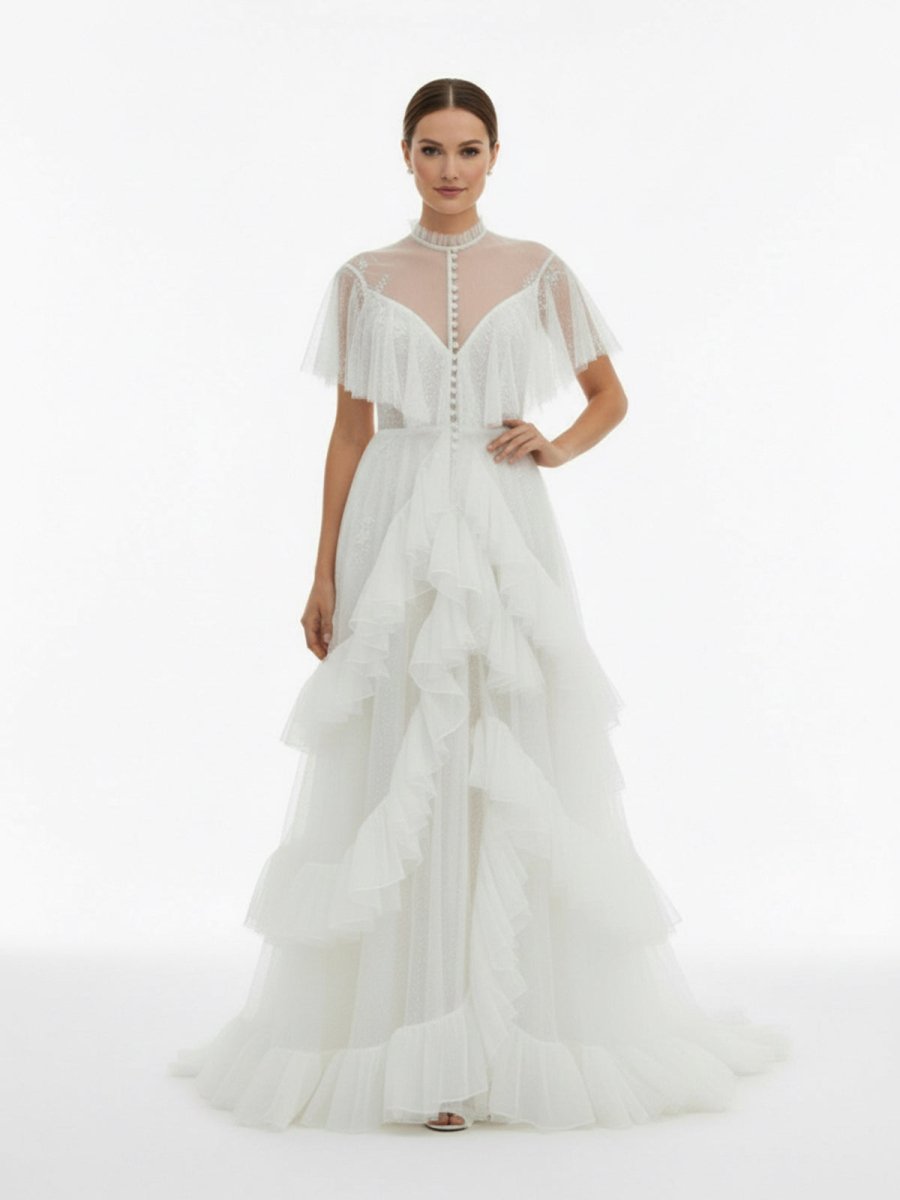 High Split A - Line See - through Short Sleeves Ruffle Tulle Wedding Dresses - KissProm