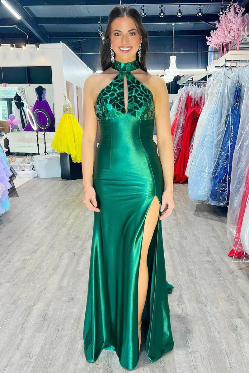 KissProm-Romi Mermaid Halter Dark Green Satin Long Prom Dresses with Beads