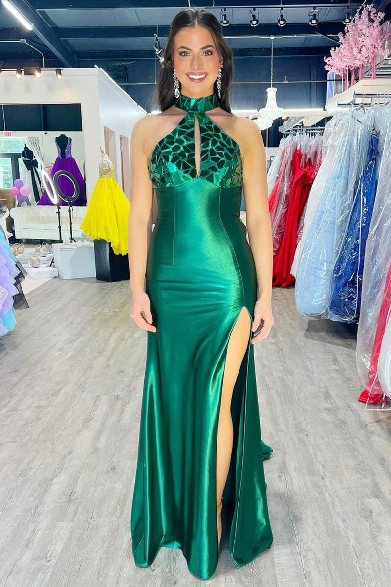 KissProm-Romi Mermaid Halter Dark Green Satin Long Prom Dresses with Beads