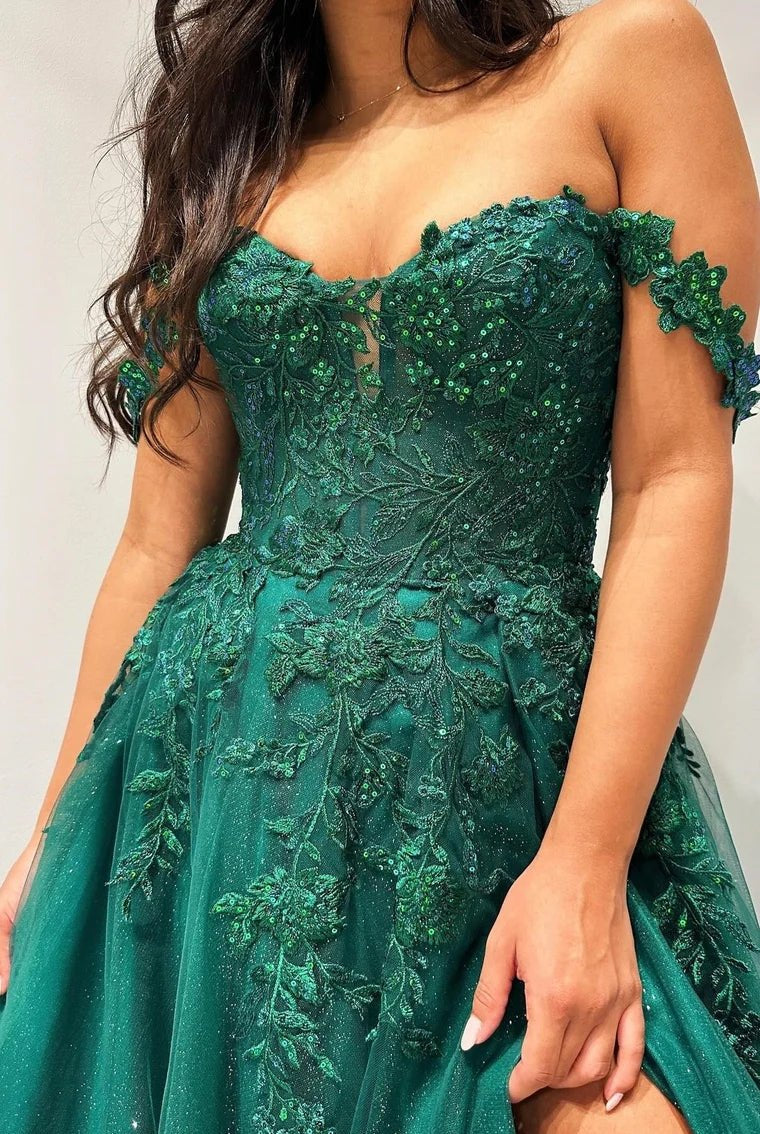 Elliana | Glitter Emerald Appliques Off-the-Shoulder A-Line Long Prom Dress