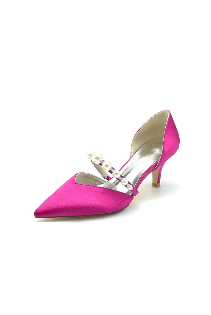 Elegant Satin Pointed Toe Heels with Pearl Strap - KissProm