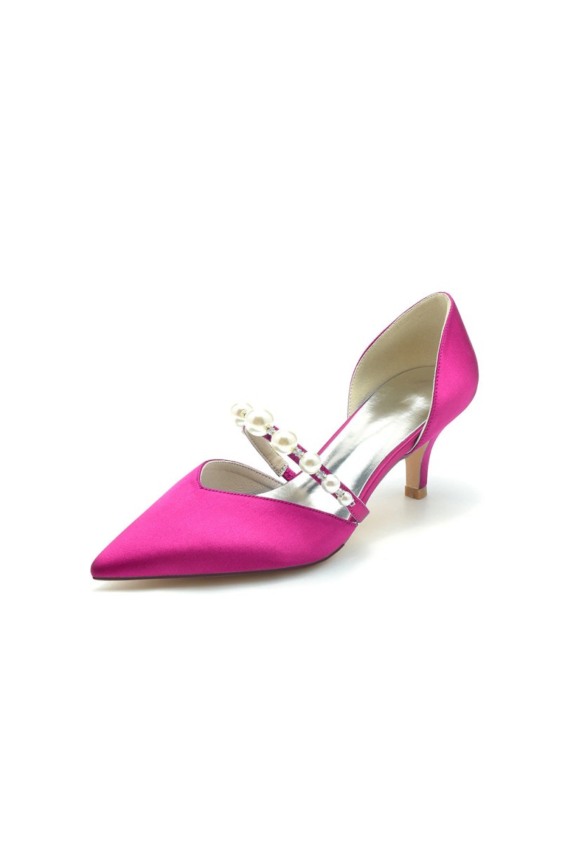 Elegant Satin Pointed Toe Heels with Pearl Strap - KissProm