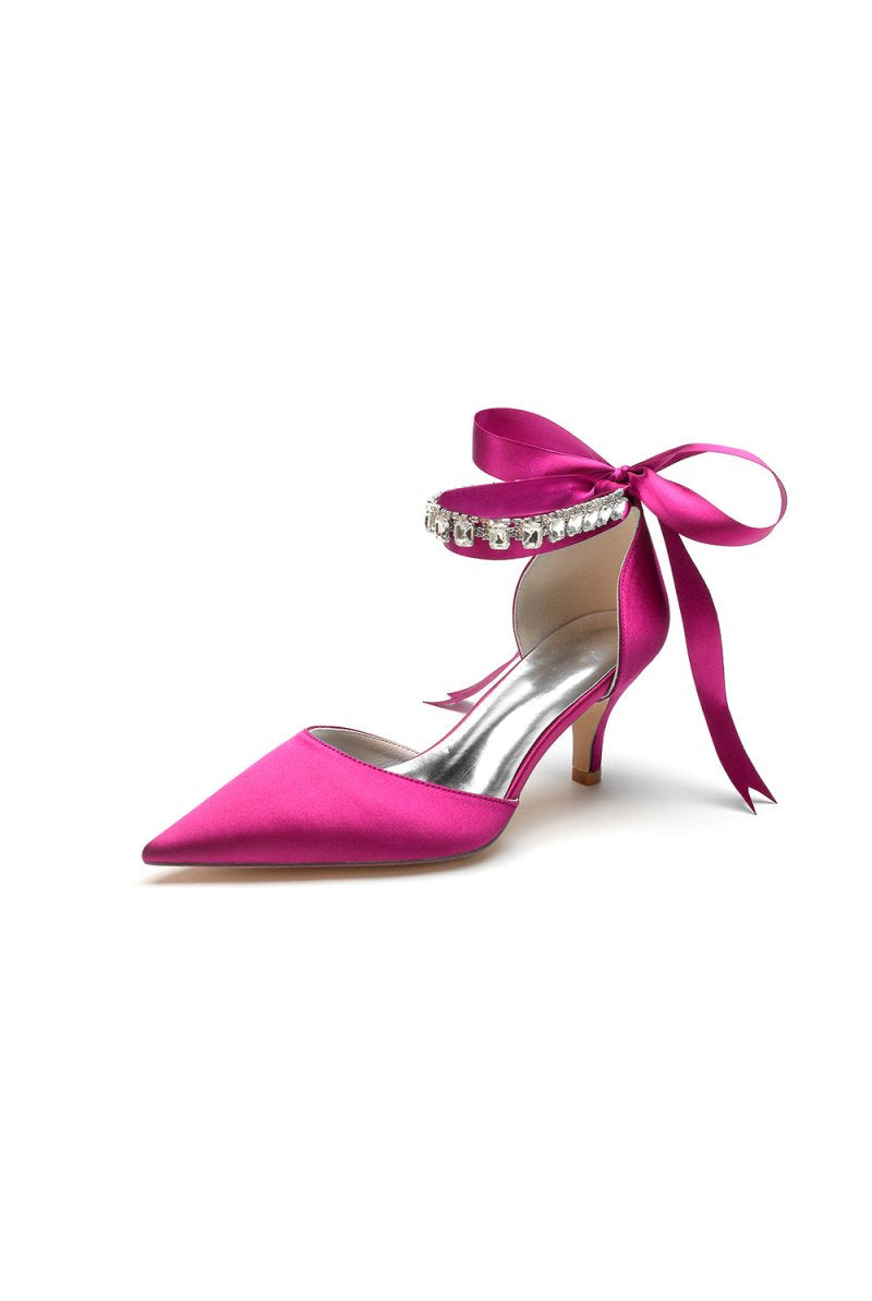 Pointed Toe Ribbons Kitten Heels With Diamond - KissProm