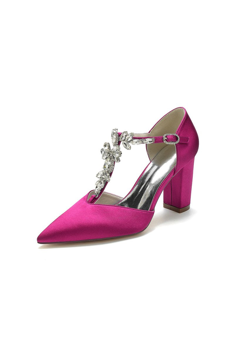 Chic Rhinestone Pointed Toe Ankle Strap Buckle Chunky Heel - KissProm