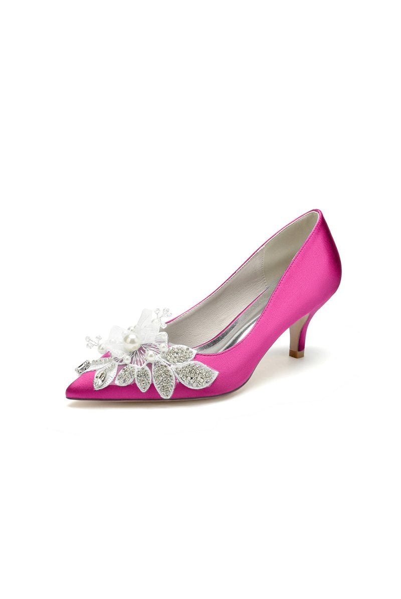 Floral Beading Pointed Toe Satin Kitten Heels - KissProm