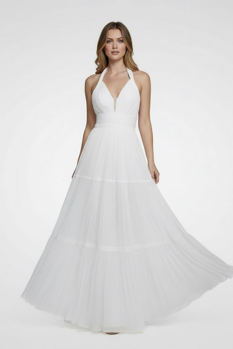 Bohemian Halter A Line Tulle Brush Train Wedding Dress with Ruching - KissProm