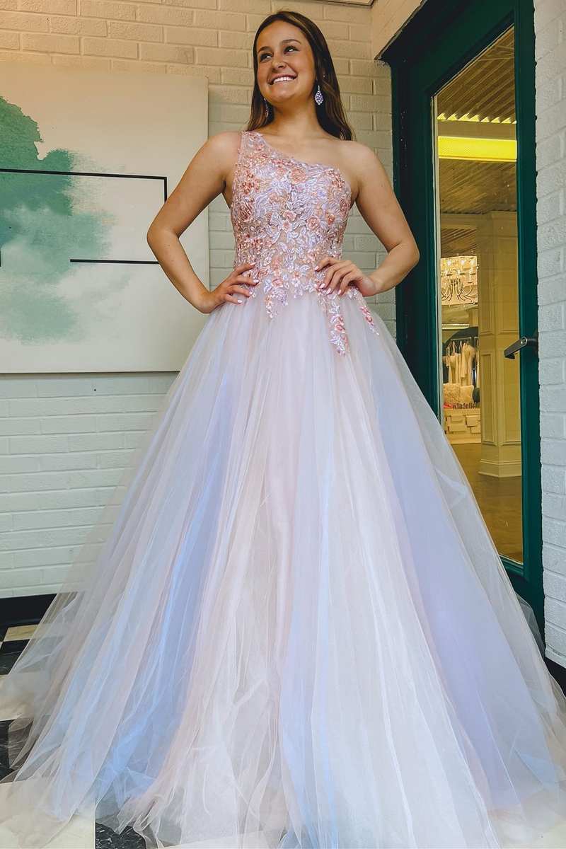 Ombre Tulle Floral Lace One - Shoulder A - Line Long Prom Dress - KissProm
