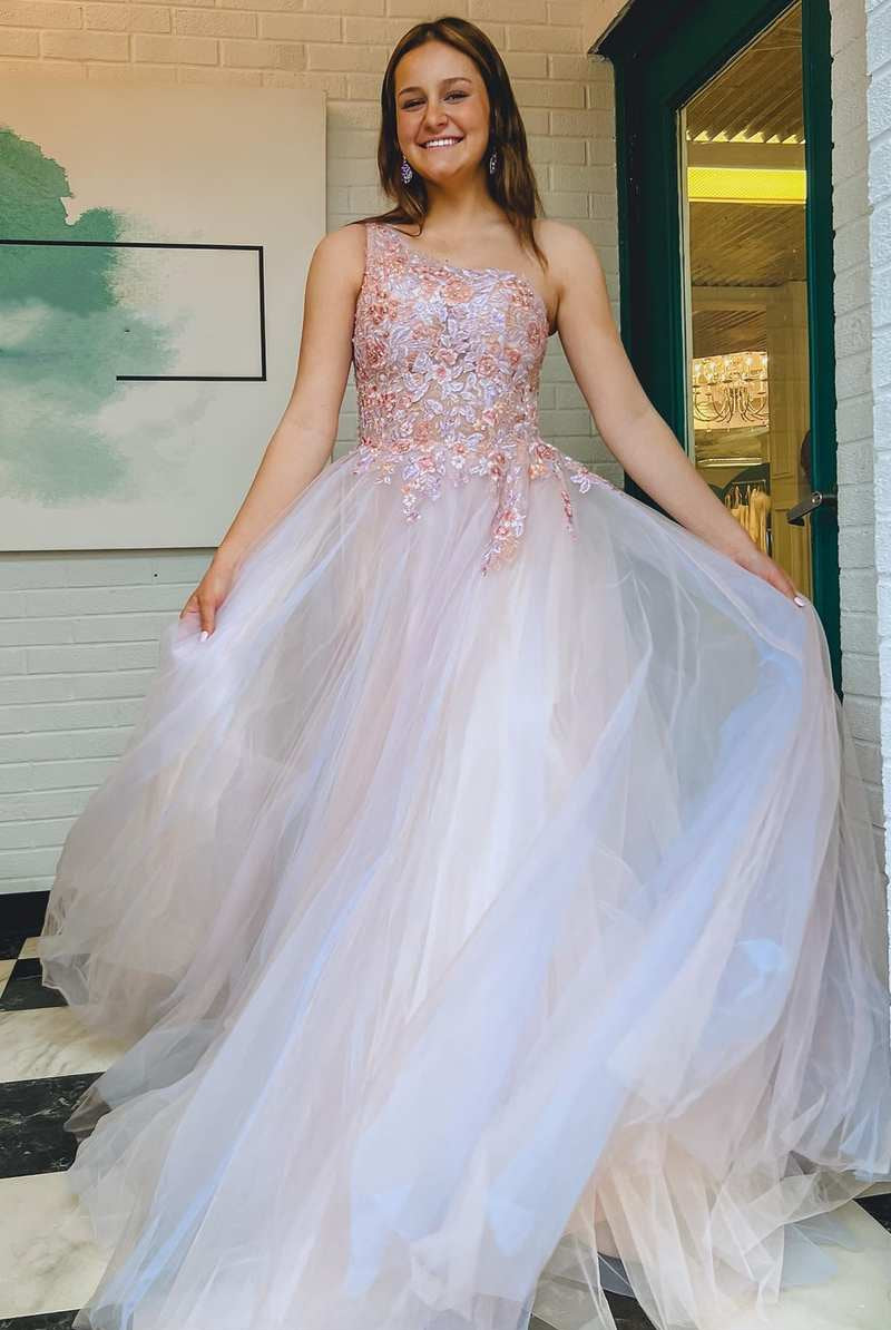 Ombre Tulle Floral Lace One - Shoulder A - Line Long Prom Dress - KissProm