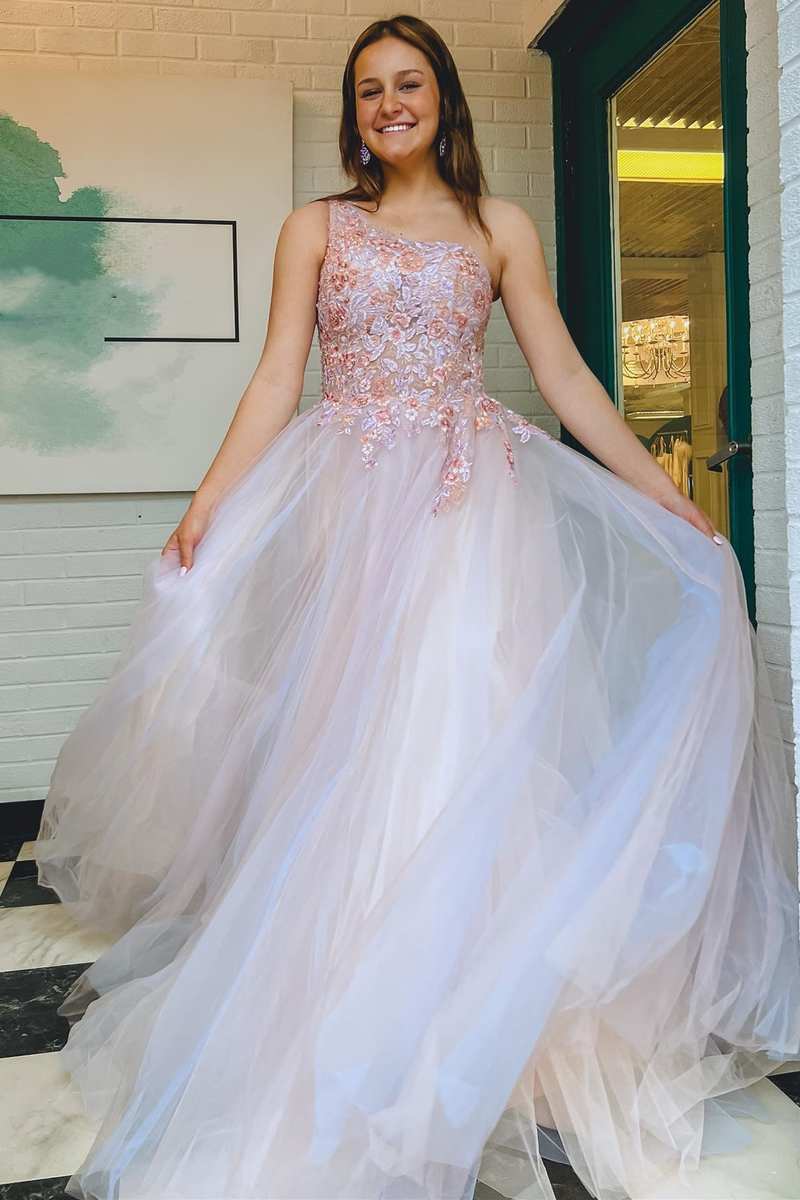 Ombre Tulle Floral Lace One - Shoulder A - Line Long Prom Dress - KissProm