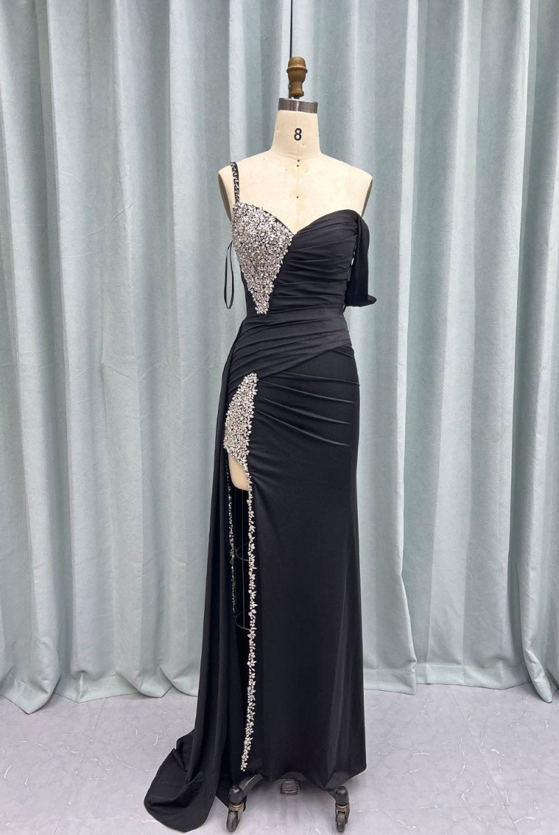 Kaydence | Chic Asymmertrical Fuchsia Beaded Long Porm Dress