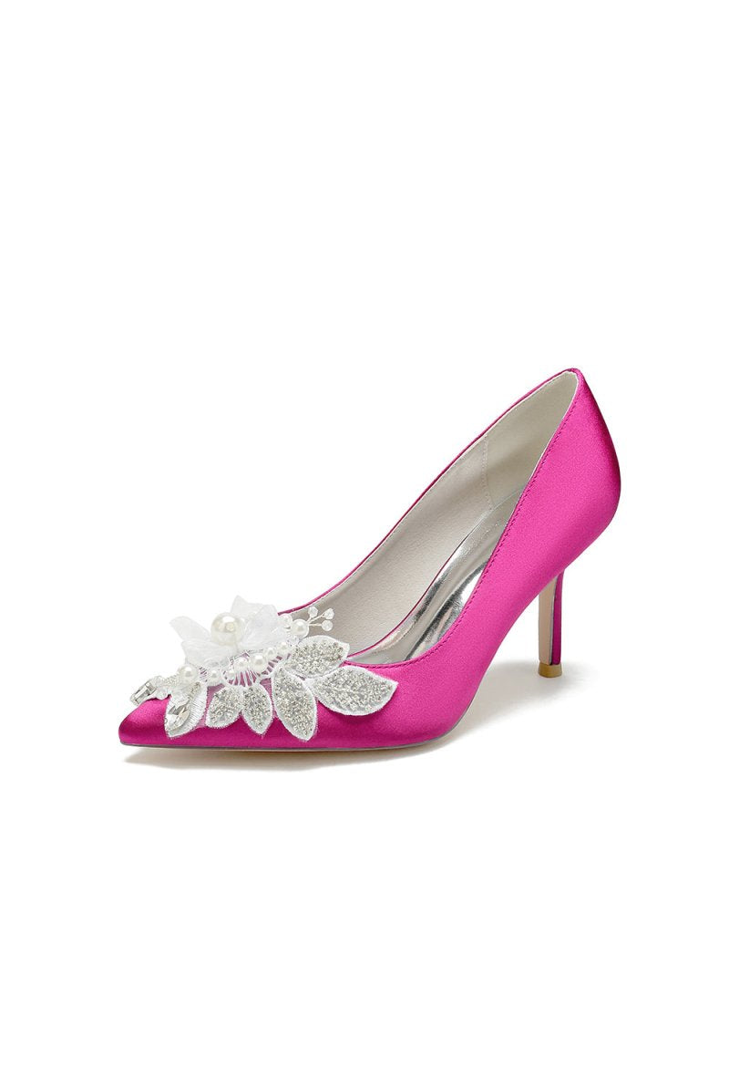 Pointed Toe Satin Bridal Heels with Crystal Flower - KissProm
