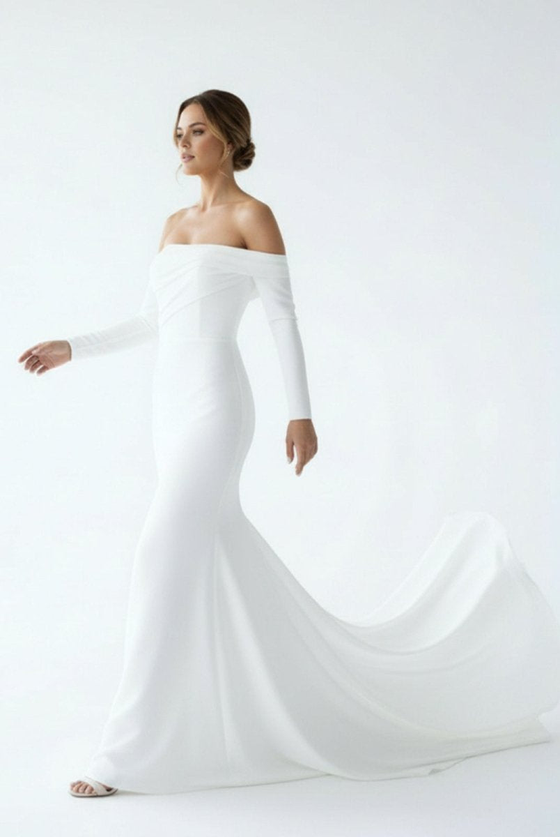 Pearl | Simple White Boho Mermaid Long Wedding Dress with Sleeves - KissProm