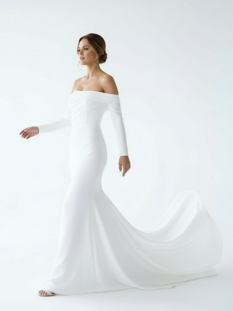 Pearl | Simple White Boho Mermaid Long Wedding Dress with Sleeves - KissProm