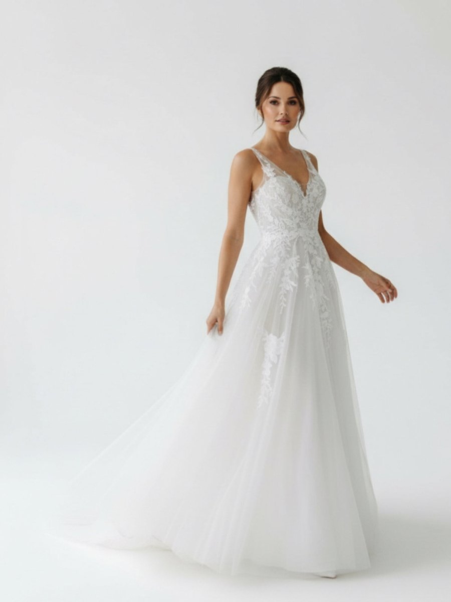 Malaya | A-Line V Back Long White Wedding Dress with Lace Appliqued