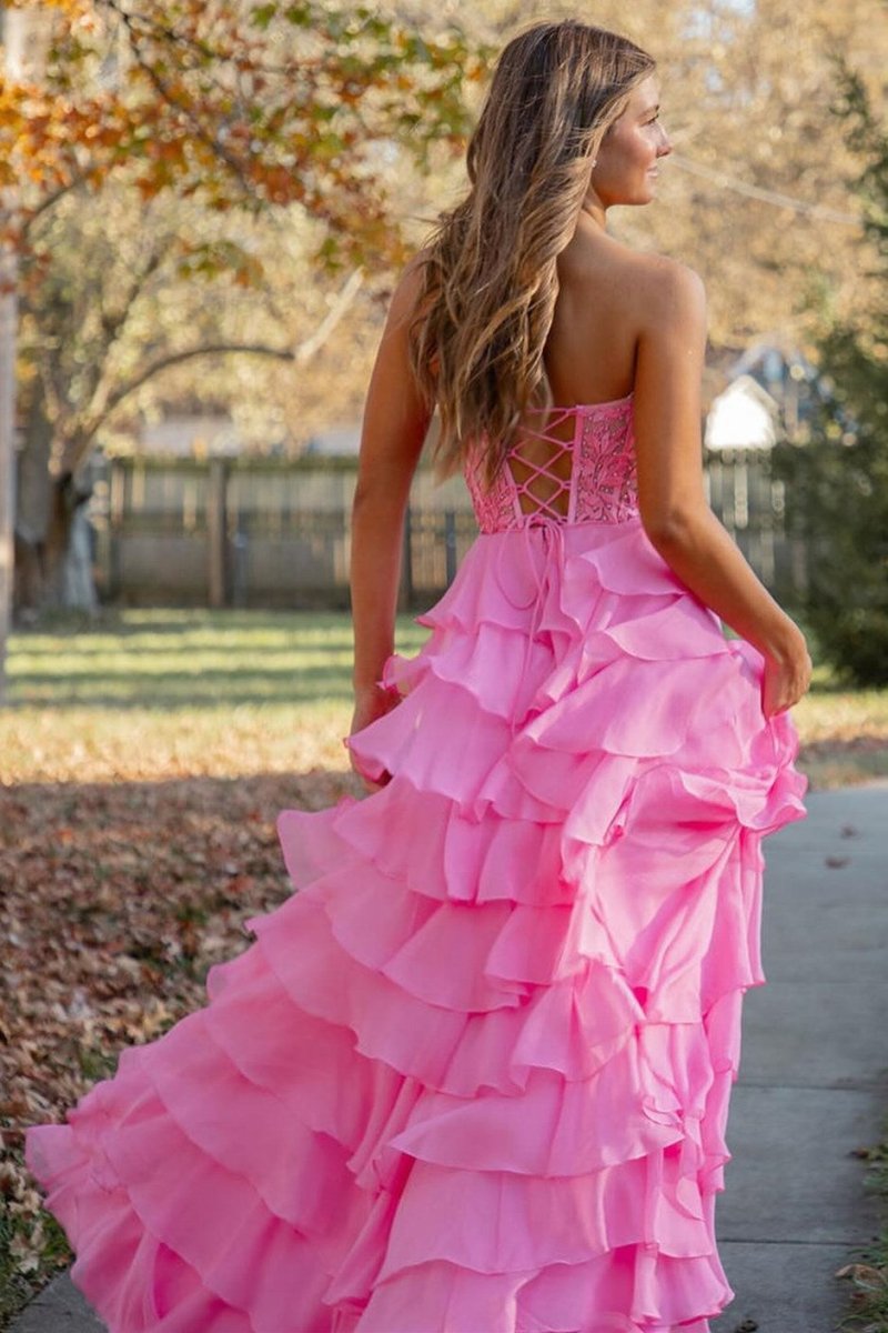 KissProm-Alondra Pink Chiffon Sweetheart Ruffle Tiered Long Prom Dress