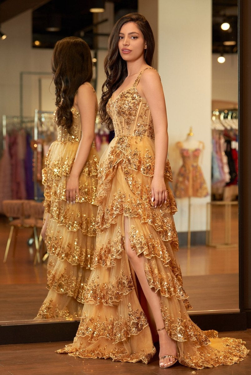 Gold Princess A Line Off the Shoulder Corset Prom Dress with Lace Ruffles - KissProm