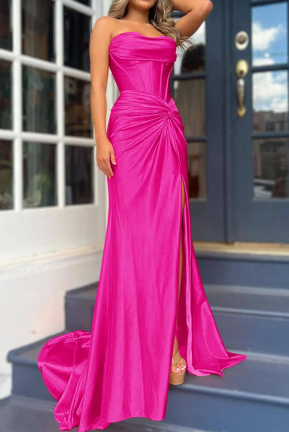 Nadia |Mermaid Strapless Satin Long Prom Dress With Slit